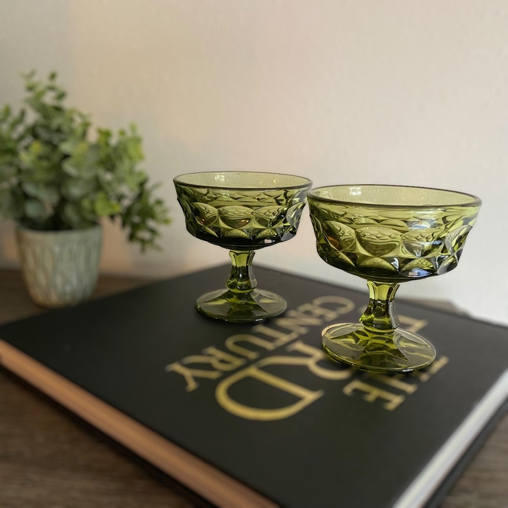 Vintage Noritake Green Glass Mid Century MCM Goblets Stemmed Wine Drinkware